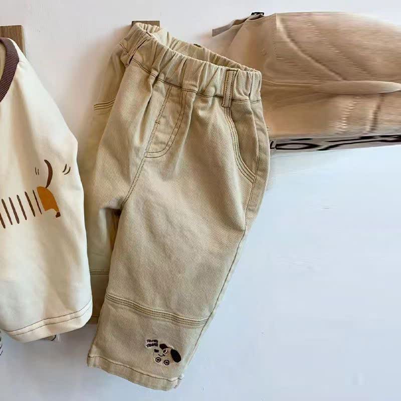 Toddelr ベビー用ベージュ ダックスフンド アップリケ付き長袖トップス＆パンツセット - ベージュのパンツ - 4～5歳 - image 3