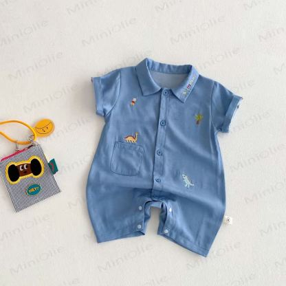 赤ちゃん用恐竜刺繍入りポロカラーロンパース - image 2