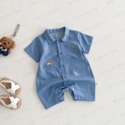 赤ちゃん用恐竜刺繍入りポロカラーロンパース - image 4
