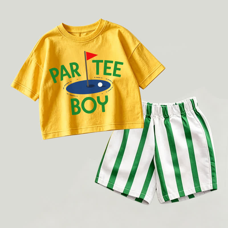 PAR TEE BOYベビー用 イエロー＆グリーン トップスとストライプ ショートパンツ 2点セット - 黄色と緑 - 2～3歳 - image 1
