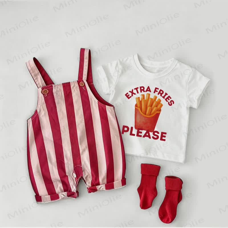 EXTRA FRIES PLEASE　ベビー用赤ストライプオーバーオールと白Tシャツのツーピースセット - 白と赤 - 2～3歳 - image 1