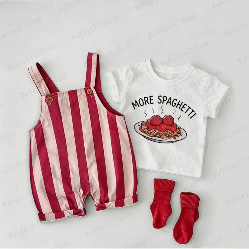 MORE SPAGHETTIベビー用レッドストライプオーバーオールとホワイトTシャツのツーピースセット - 白と赤 - 2～3歳 - image 1