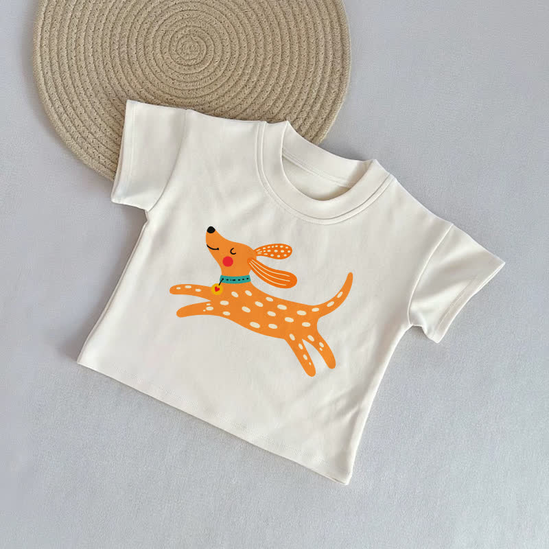 ベビー犬柄ベージュカジュアルTシャツ - ベージュ - 2～3歳 - image 1
