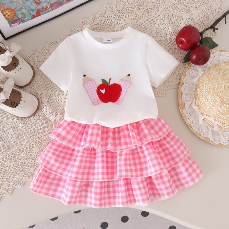 幼児向け女の子用アップルアップリケTシャツとピンクのティアードスカートの2点セット - 白 - 4-5Y - image 1