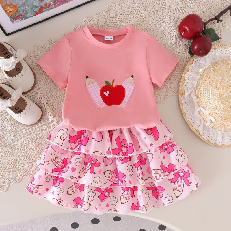 幼児向け女の子用アップルアップリケTシャツとピンクのティアードスカートの2点セット - ピンク - 4-5Y - image 2