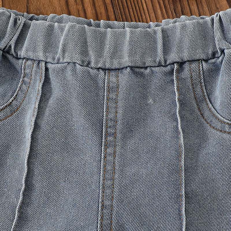 ベビーピンクのリボンプリントペプラムとデニムパンツのツーピースセット - image 7