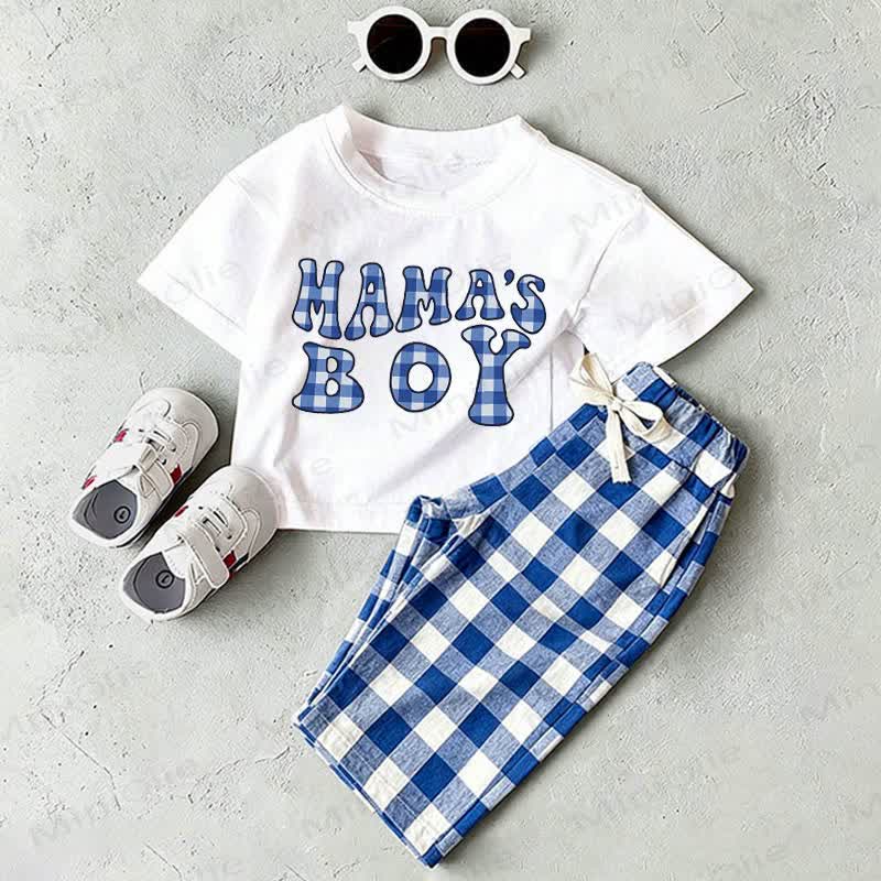 MAMA'S BOYベビー用ホワイトTシャツとブルーチェックパンツのツーピースセット - ホワイト＆ブルー - 2～3歳 - image 1