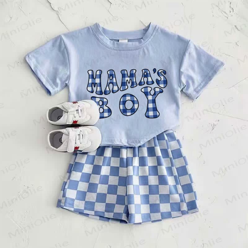 MAMA'S BOYベビーブルーTシャツとチェック柄パンツのツーピースセット - 青 - 2～3歳 - image 1