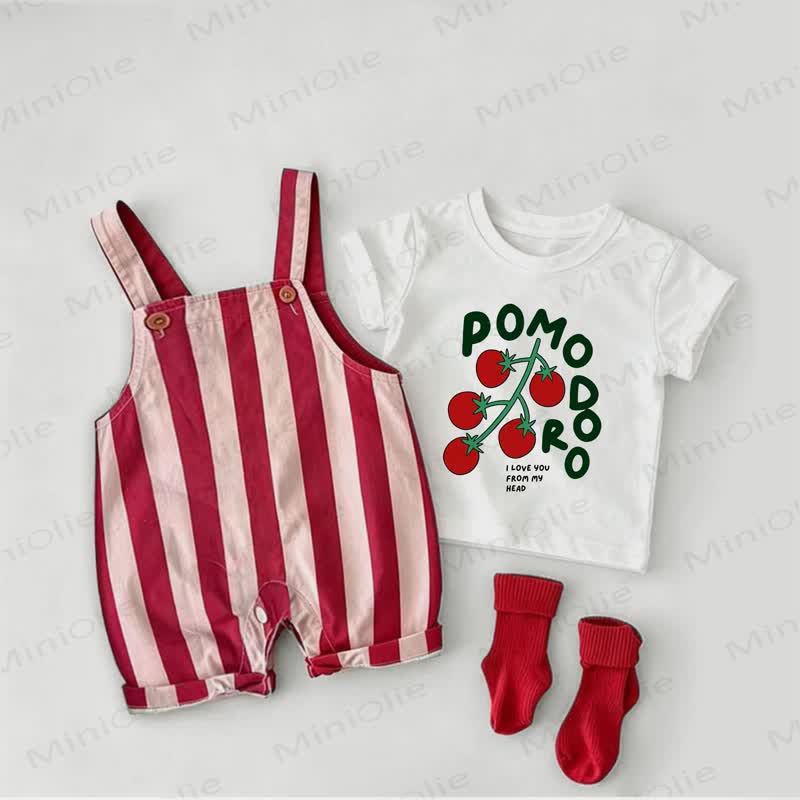 POMODORO I LOVE YOU FROM MY HEADベビーレッドストライプオーバーオールとホワイトTシャツの2点セット - 白と赤 - 2～3歳 - image 1