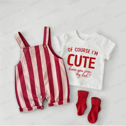 OF COURSE I'M CUTE HAVE YOU SEEN MY DAD？ ベビー用赤ストライプオーバーオールと白Tシャツのツーピースセット - 白と赤 - 2～3歳 - image 1
