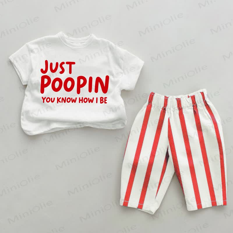 JUST POOPIN YOU KNOW HOW I BE？ベビーレッド縦ストライプ2点セット - 白と赤 - 4～5歳 - image 1