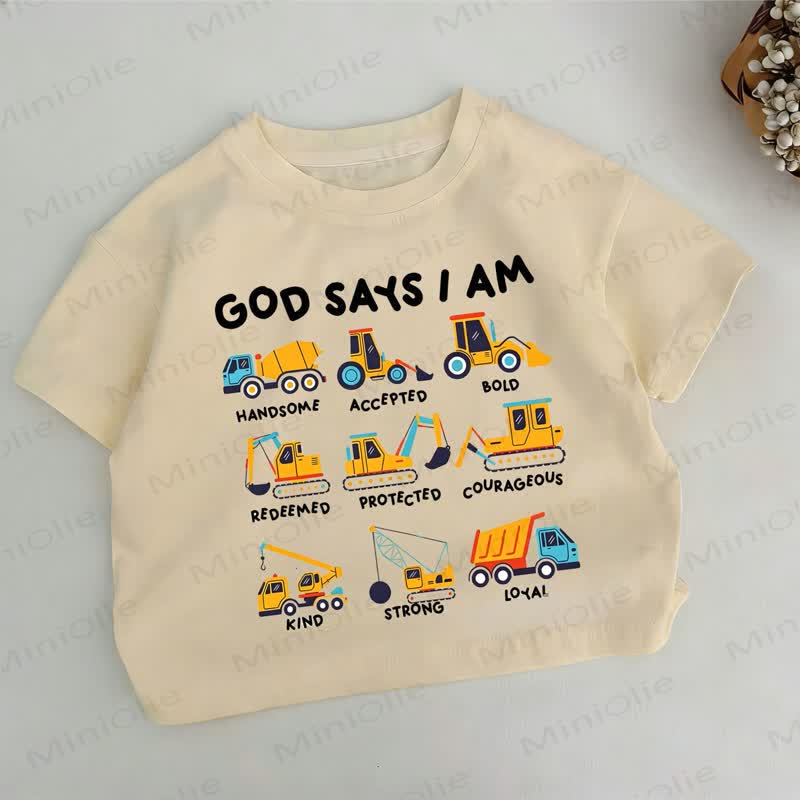 GOD SAYS I AM HANDSOME ACCEPTED BOLD REDEEMED PROTECTED COURAGEOUS KIND STRONG LOYAL。幼児用カーキTシャツ - カーキ - 6～7歳 - image 1
