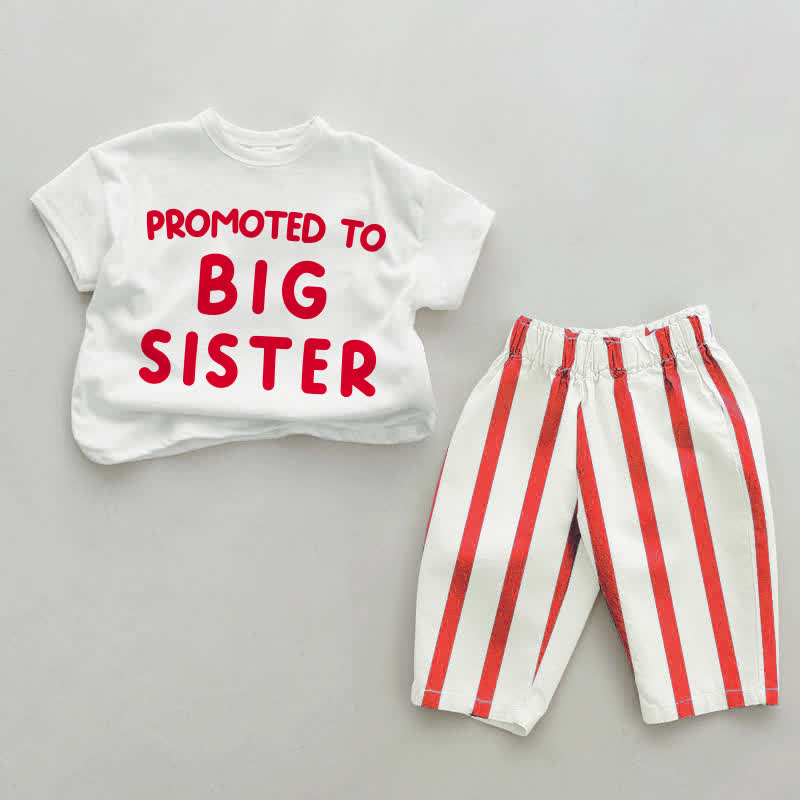 PROMOTED TO BIG SISTER/BROTHER白と赤の縦縞2点セット - ホワイト＆レッド：シスター - 4～5歳 - image 1