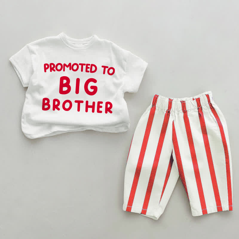 PROMOTED TO BIG SISTER/BROTHER白と赤の縦縞2点セット - ホワイト＆レッド：BROTHER - 4～5歳 - image 2