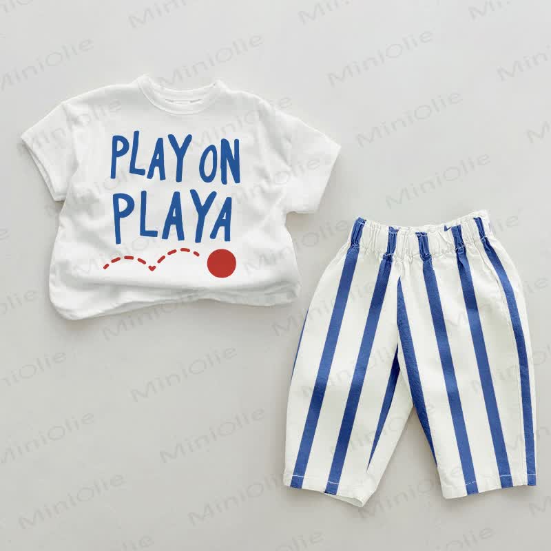 PLAY ON PLAYAベビーブルー 縦ストライプ ツーピースセット - ホワイト＆ブルー - 2～3歳 - image 1