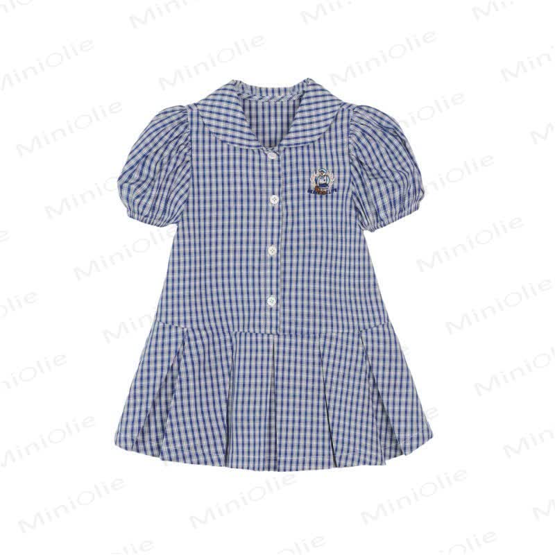 幼児用女の子向けネイビーブルーギンガムチェック柄パフスリーブDress - image 2