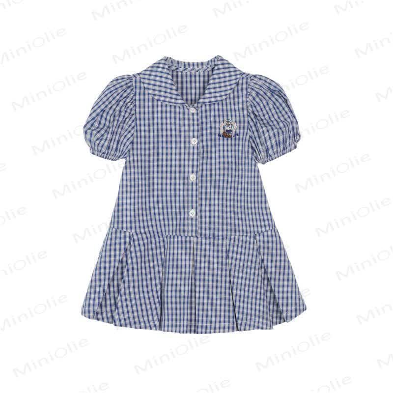 幼児用女の子向けネイビーブルーギンガムチェック柄パフスリーブDress - image 2