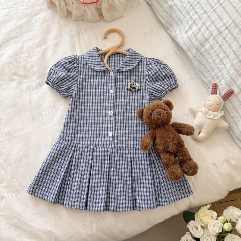 幼児用女の子向けネイビーブルーギンガムチェック柄パフスリーブDress - ネイビーブルー - 8-9T - image 1