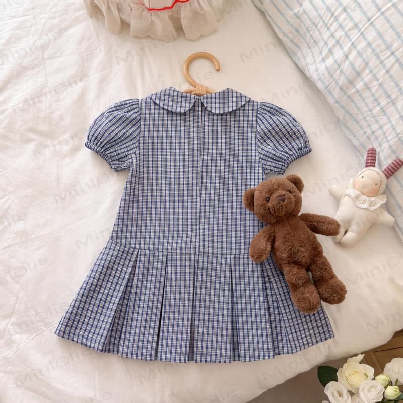 幼児用女の子向けネイビーブルーギンガムチェック柄パフスリーブDress - image 3