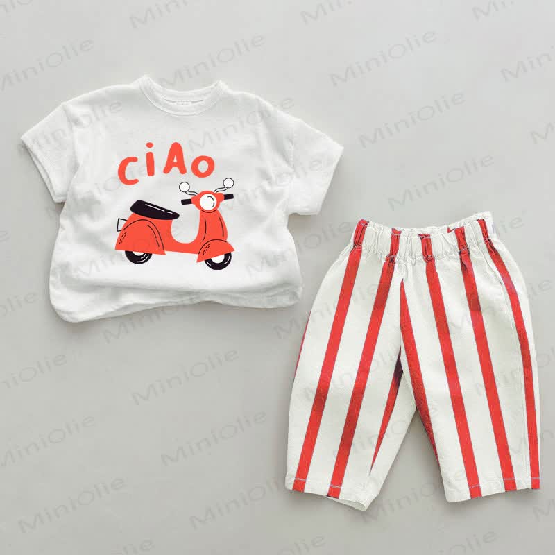 CIAOベビー幼児用 レッド縦ストライプ 2点セット - 白と赤 - 4～5歳 - image 1