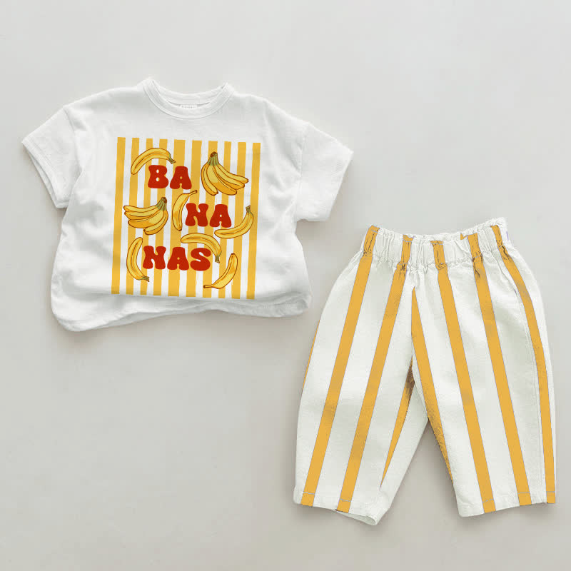 BANANAS柄 ベビー用 白＆黄 縦ストライプ 2点セット - 白と黄色 - 2～3歳 - image 1
