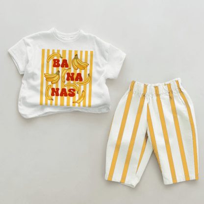BANANAS柄 ベビー用 白＆黄 縦ストライプ 2点セット - 白と黄色 - 2～3歳 - image 1