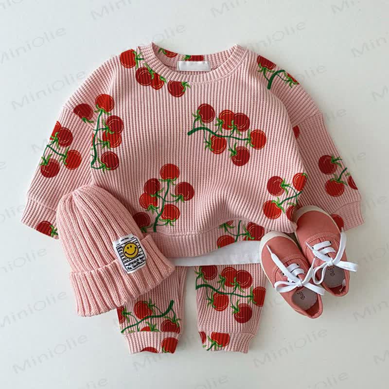 ベビートマト柄ピンクワッフルスウェットシャツ2点セット - ピンク - 18～24ヶ月 - image 1