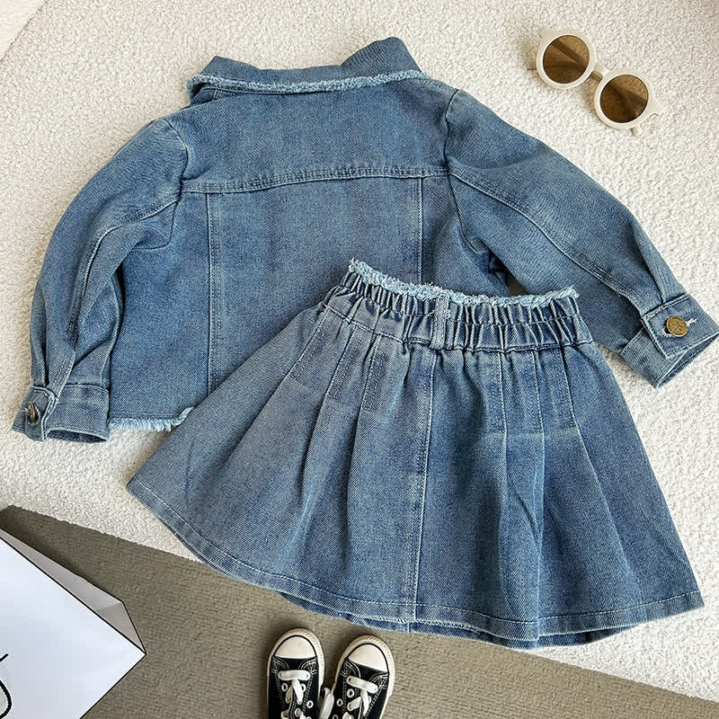 幼児用女の子向けブルーの裾ほつれデニムジャケットとスカートのツーピースセット - image 2