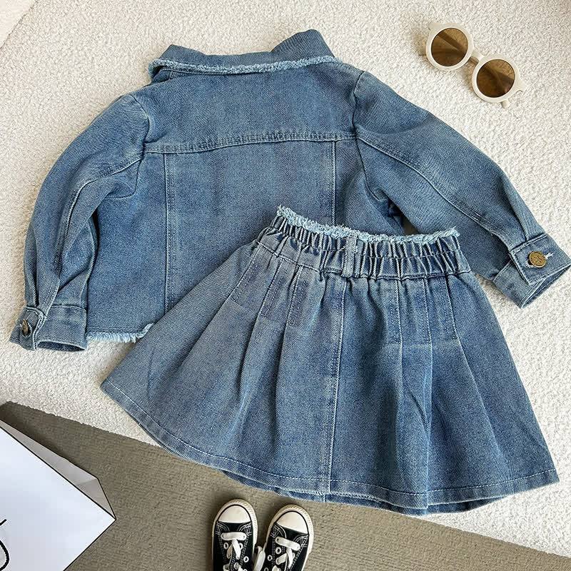幼児用女の子向けブルーの裾ほつれデニムジャケットとスカートのツーピースセット - image 2