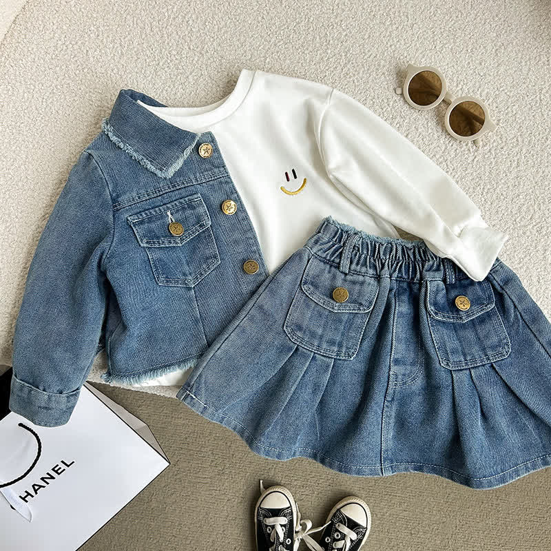 幼児用女の子向けブルーの裾ほつれデニムジャケットとスカートのツーピースセット - image 3