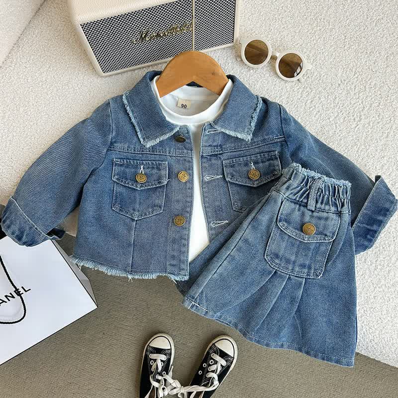 幼児用女の子向けブルーの裾ほつれデニムジャケットとスカートのツーピースセット - 青 - 10-11歳 - image 1