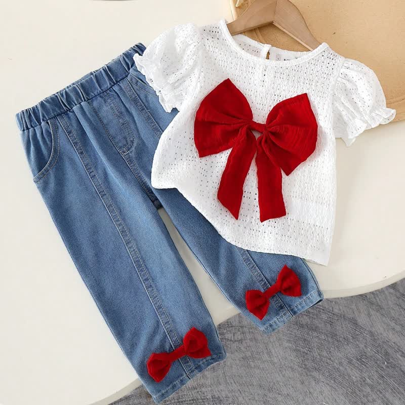 ベビーガール用リボンアイレットトップスとデニムパンツのツーピースセット - 白 - 2-3Y - image 3