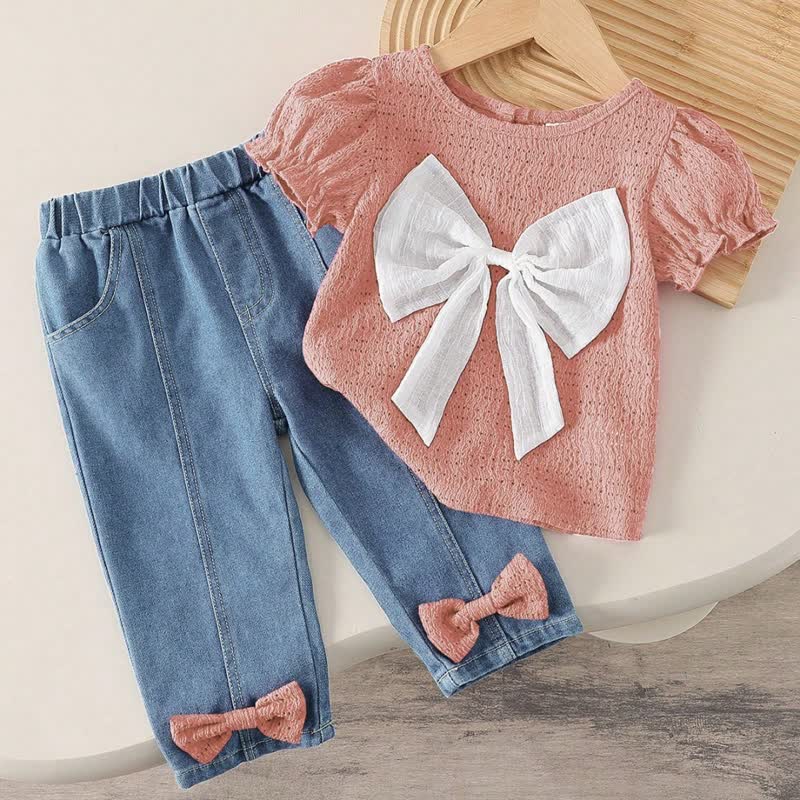 ベビーガール用リボンアイレットトップスとデニムパンツのツーピースセット - ピンク - 2-3Y - image 4
