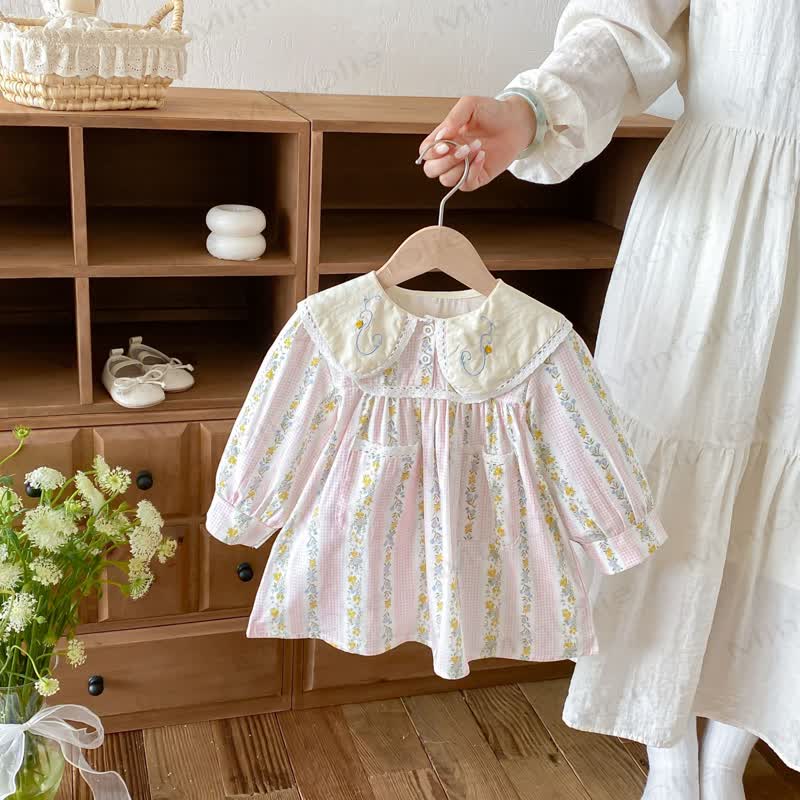 幼児用女の子向け花柄長袖Dress - ピンク - 6～7歳 - image 5