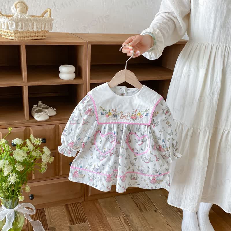 幼児用女の子向けうさぎ柄長袖Dress - 白 - 6～7歳 - image 1