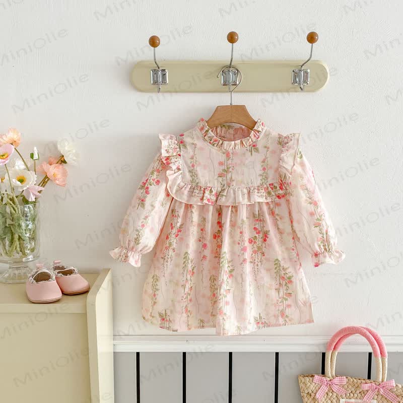 幼児用女の子向け花柄フリル襟長袖Dress - ピンク - 6～7歳 - image 1