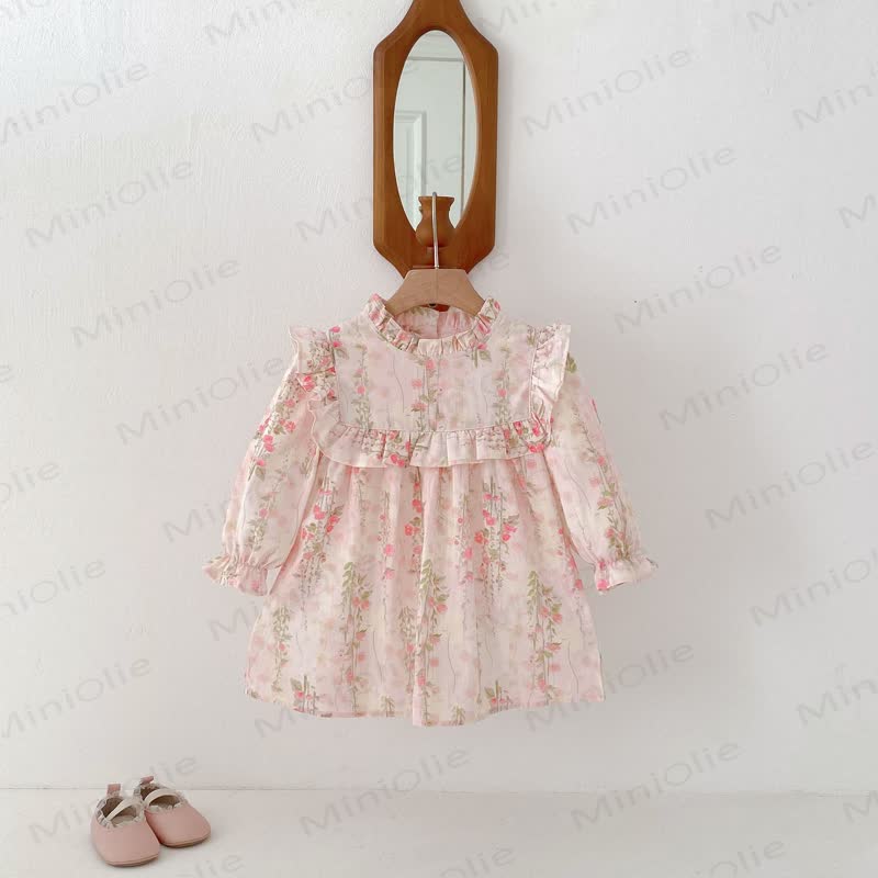 幼児用女の子向け花柄フリル襟長袖Dress - image 3