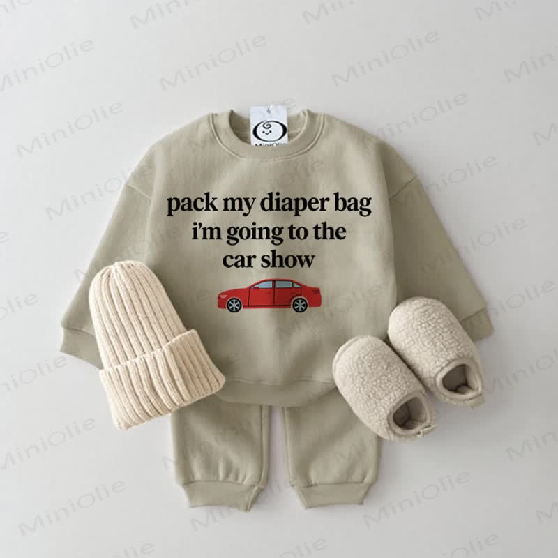 PACK MY DIAPER BAG I'M GOING TO THE CAR SHOW！ベビー用グレーグリーンスウェットシャツ2点セット - グレーグリーン - 2～3歳 - image 1