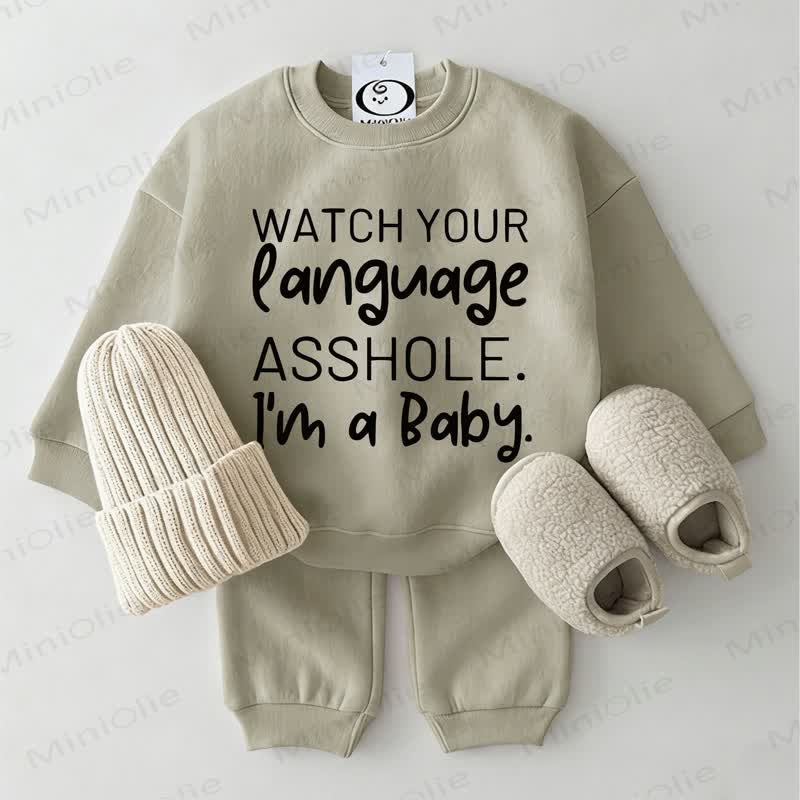 WATCH YOUR LANGUAGE ASSHOLE. I'M A BABY.ベビーグレーグリーンスウェットシャツ2点セット - グレーグリーン - 2～3歳 - image 1