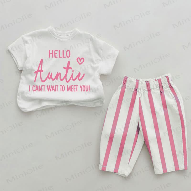 HELLO AUNTIE I CAN'T WAIT TO MEET YOU!ベビーガールズ用ピンクの縦縞ツーピースセット - ホワイト＆ピンク - 2～3歳 - image 1