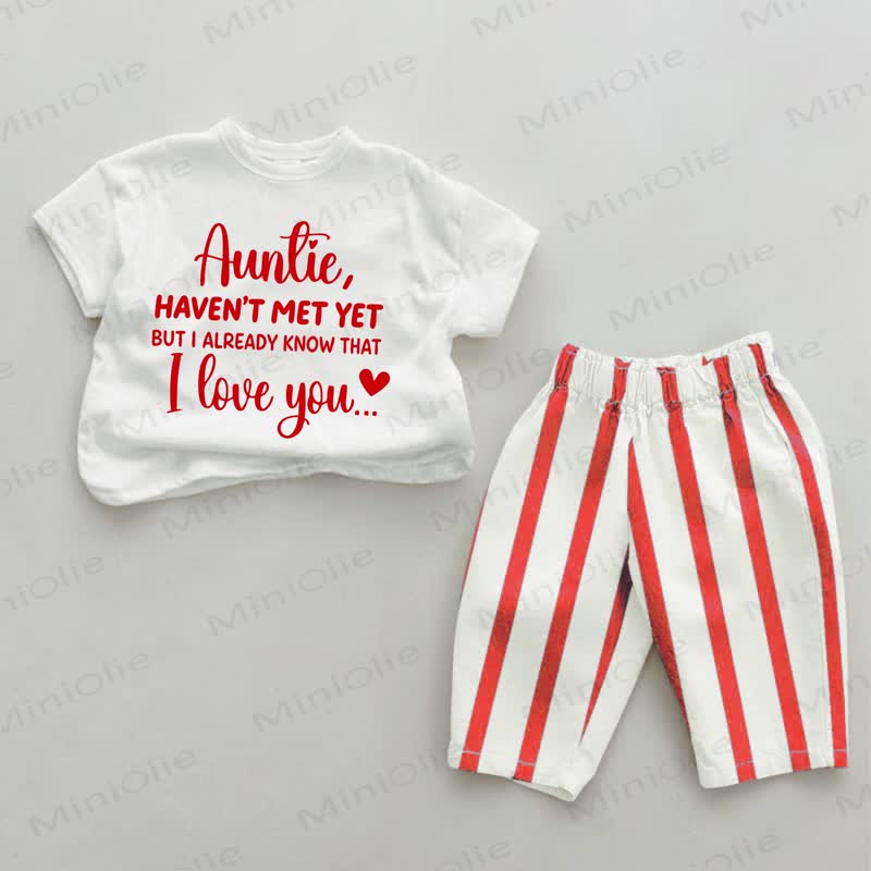 AUNTIE, HAVEN'T MET YET BUT I ALREADY KNOW THAT I LOVE YOU...ベビー用白と赤の縦縞ツーピースセット - 白と赤 - 4～5歳 - image 1