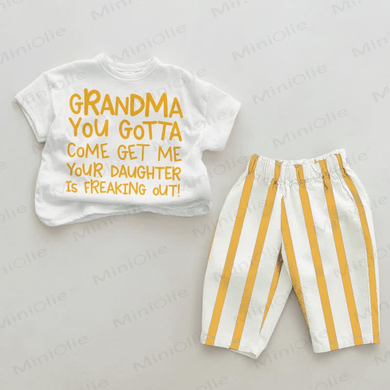 GRANDMA YOU GOTTA COME GET ME YOUR DAUGHTER IS FREAKING OUT!ベビーイエローの縦縞模様のツーピースセット - 白と黄色 - 2～3歳 - image 1