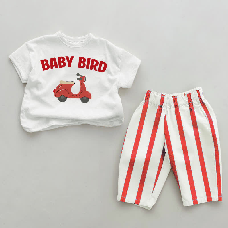 BABY BIRD用 ホワイト＆レッド 縦ストライプ 2点セット - 白と赤 - 4～5歳 - image 1