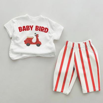 BABY BIRD用 ホワイト＆レッド 縦ストライプ 2点セット - 白と赤 - 4～5歳 - image 1