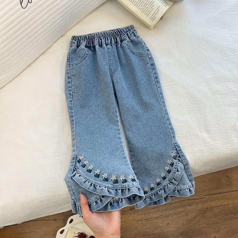 幼児用女の子向け花柄刺繍入りデニムフレアパンツ - 青 - 8-9T - image 1