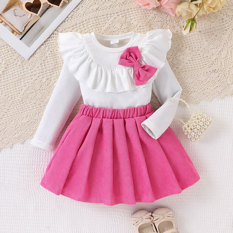 幼児用女の子向けフリルリボン付き長袖トップスとプリーツスカートのツーピースセット - フクシア - 7歳 - image 2