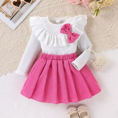幼児用女の子向けフリルリボン付き長袖トップスとプリーツスカートのツーピースセット - フクシア - 7歳 - image 2