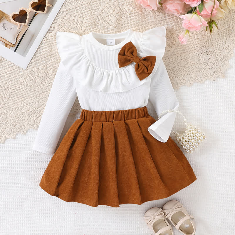 幼児用女の子向けフリルリボン付き長袖トップスとプリーツスカートのツーピースセット - 茶色 - 7歳 - image 5