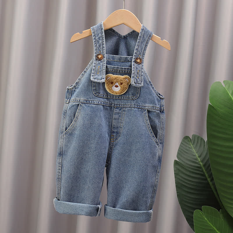 幼児用ベビーブルークマ柄ポケット付きデニムロールヘムオーバーオール - image 2