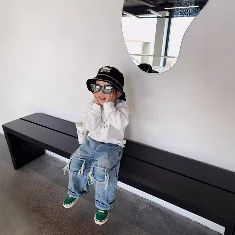 幼児男の子用 ブルー フリンジ付き ゆったりデニムパンツ - image 4